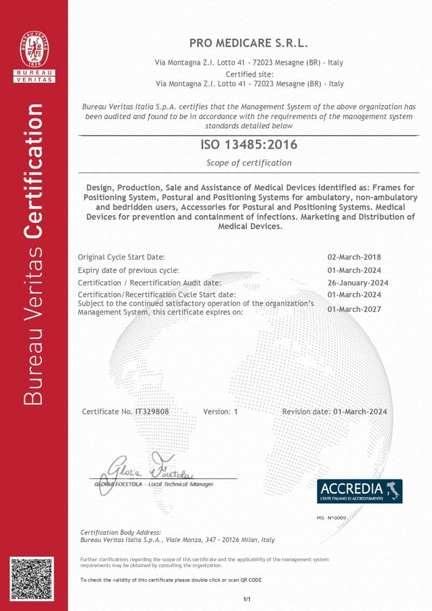 Certificato di Qualità ISO 13485 Pro Medicare S.r.l.
