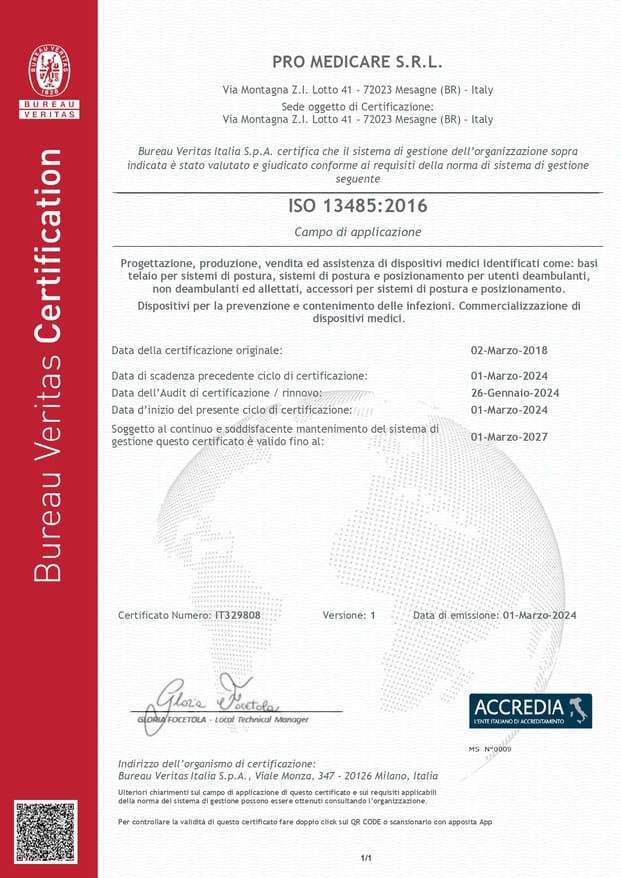 Certificato di Qualità ISO 13485 Pro Medicare S.r.l.