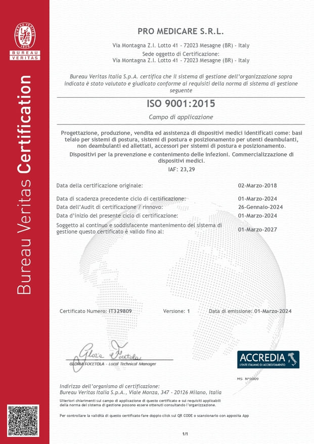 Certificato di Qualità ISO 9001 Pro Medicare S.r.l.